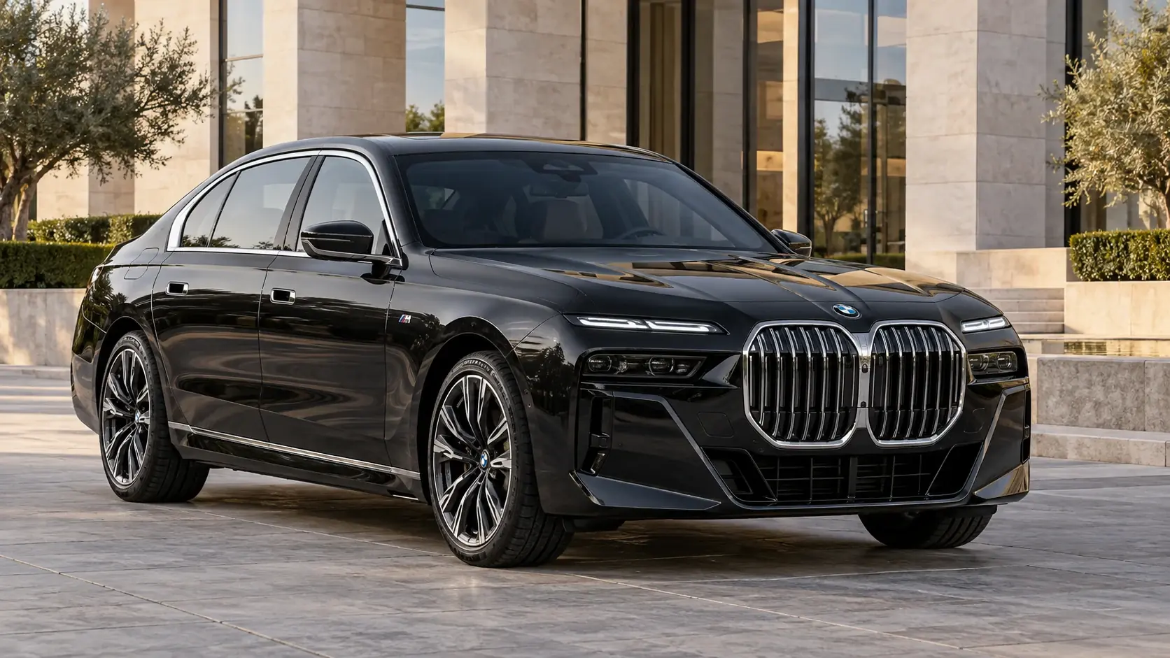 Illustration éditoriale générée par IA de BMW 7 Series Protection, extérieur complet dans une composition originale de trois quarts avant.