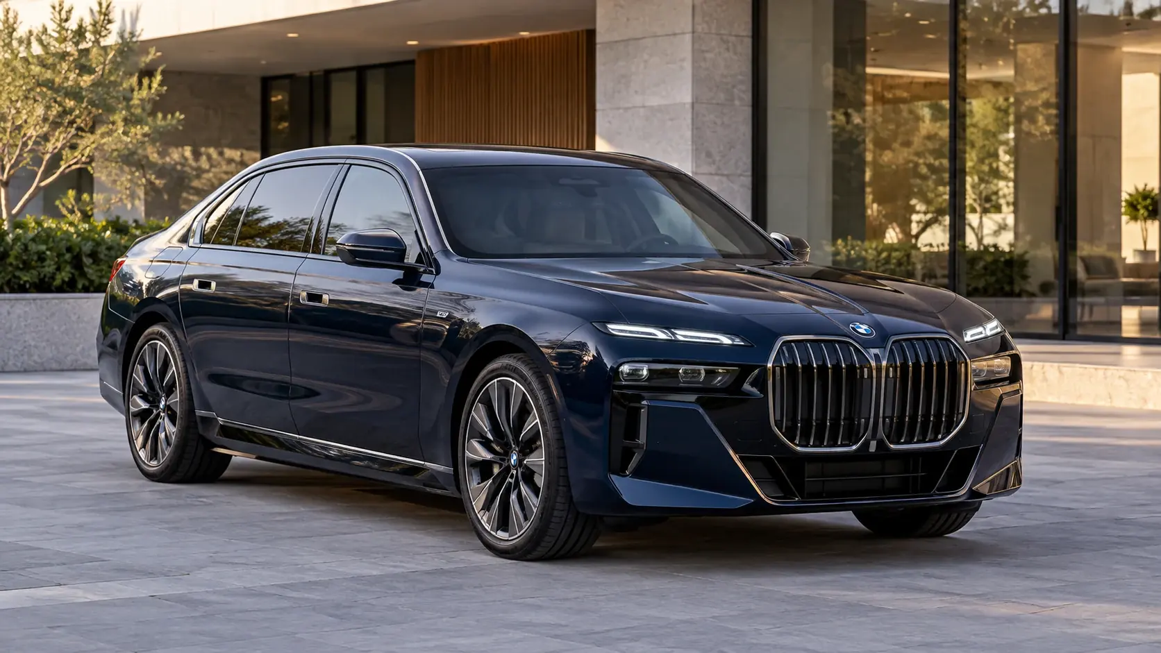 Illustration éditoriale générée par IA de BMW i7 Protection, extérieur complet dans une composition originale de trois quarts avant