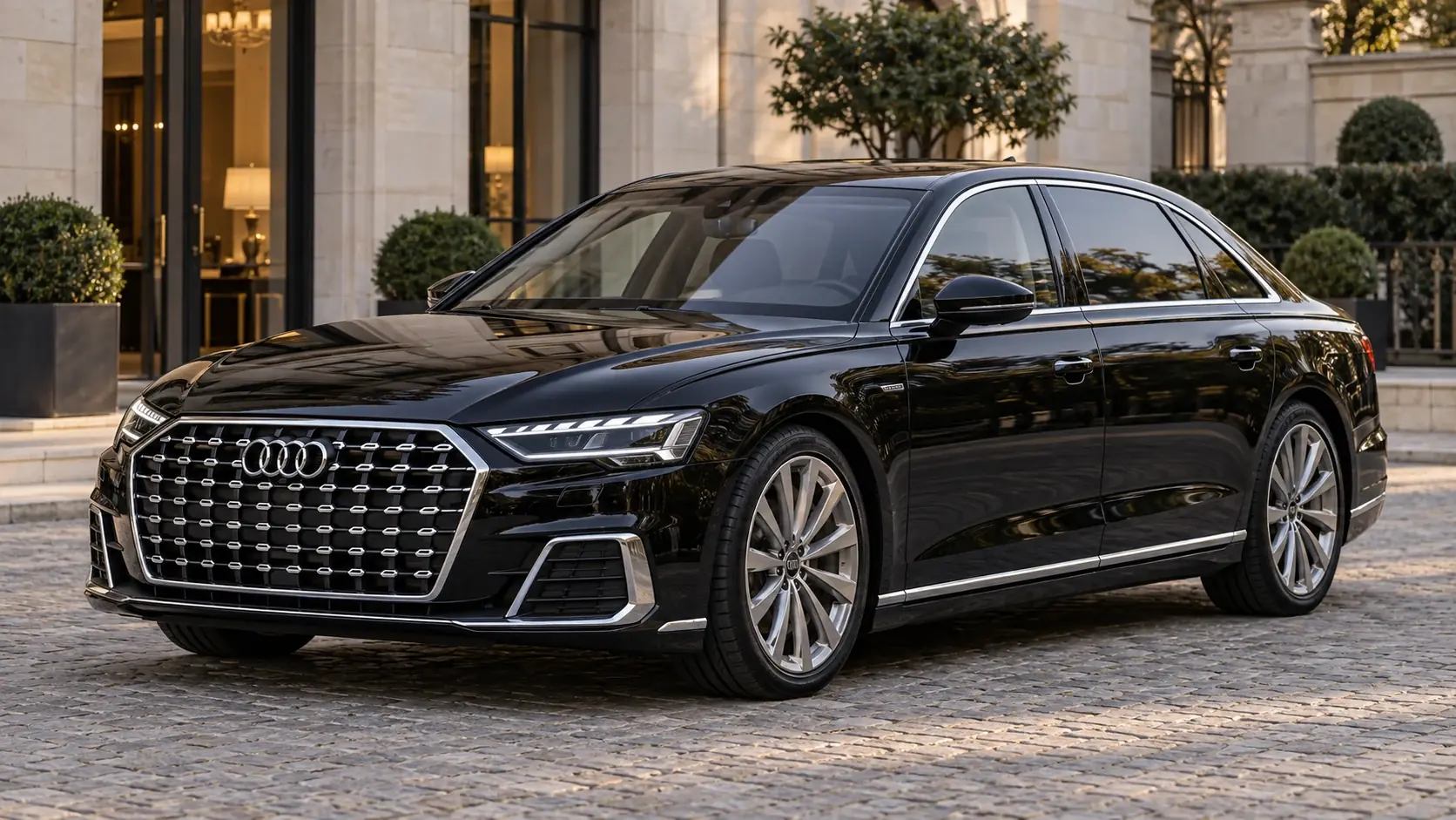 Illustration éditoriale générée par IA d'une Audi A8 L Security, extérieur complet dans une composition originale de trois quarts avant