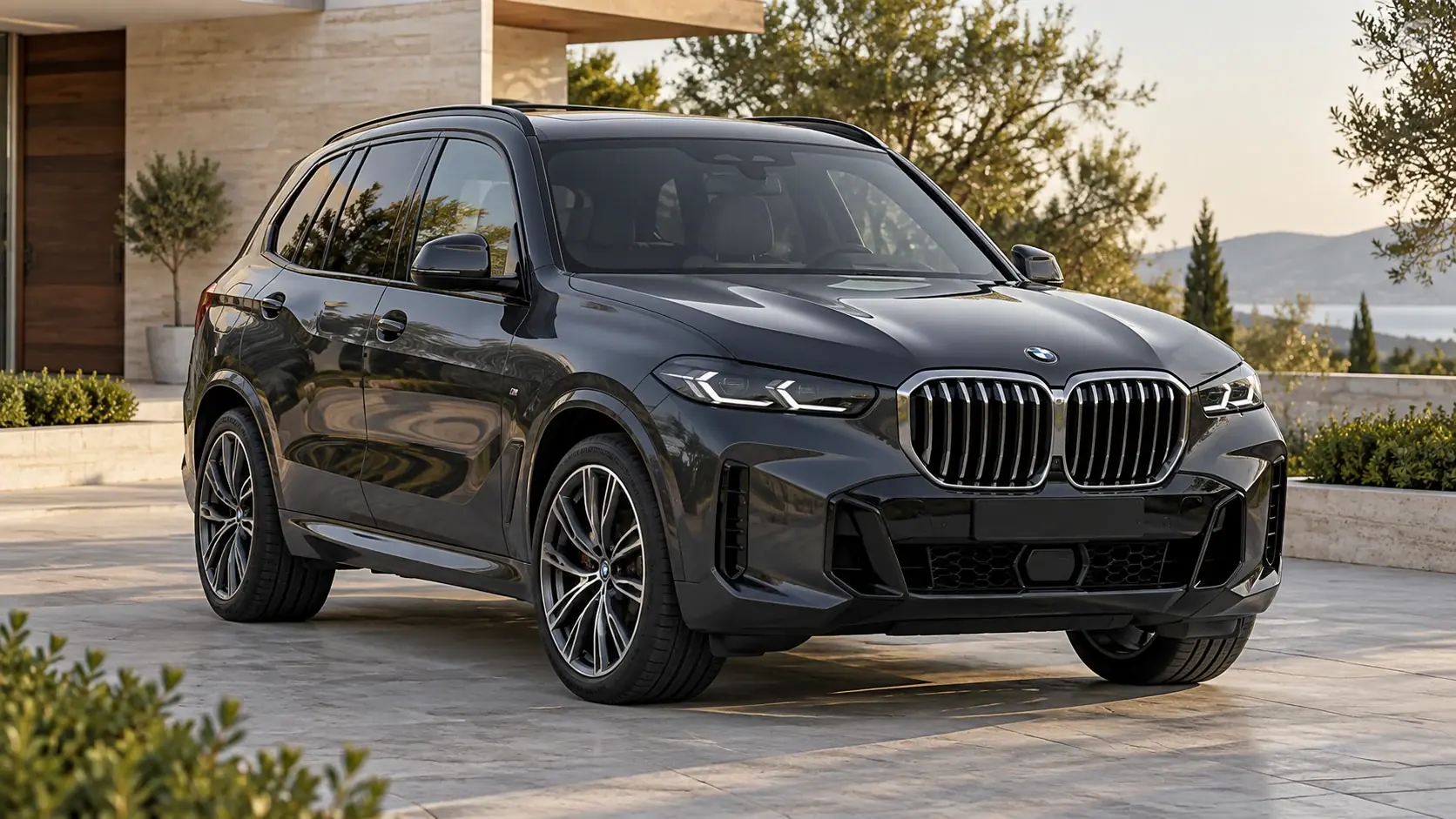 Illustration éditoriale générée par IA du BMW X5 Protection VR6, extérieur complet dans une composition originale de trois quarts avant
