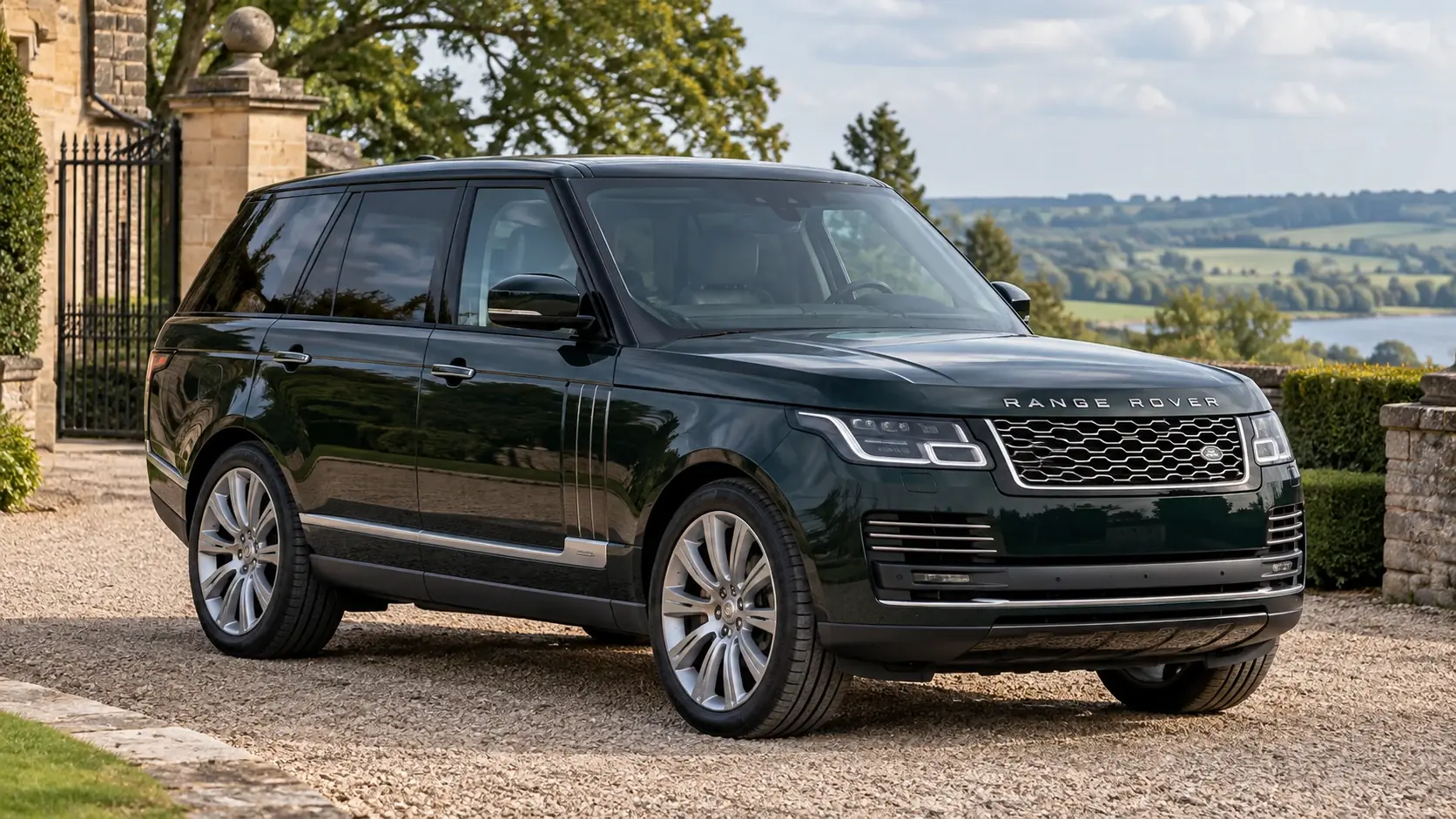 Illustration éditoriale générée par IA du Range Rover Sentinel — 2019 V8, extérieur complet dans une composition originale de trois quarts avant