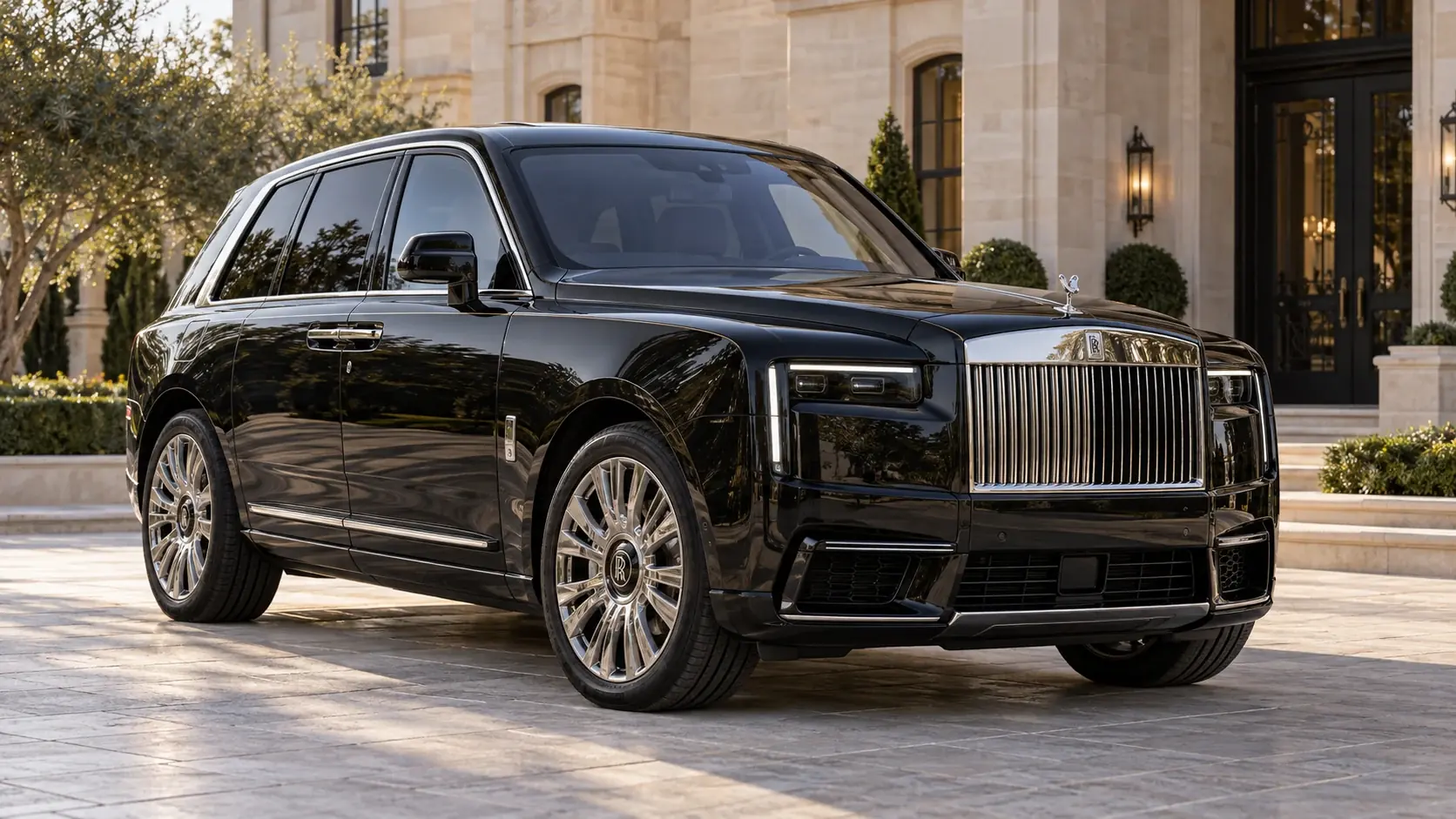 Illustration éditoriale générée par IA du Rolls-Royce Cullinan Series II — conversion blindée, extérieur complet dans une composition originale de trois quarts avant