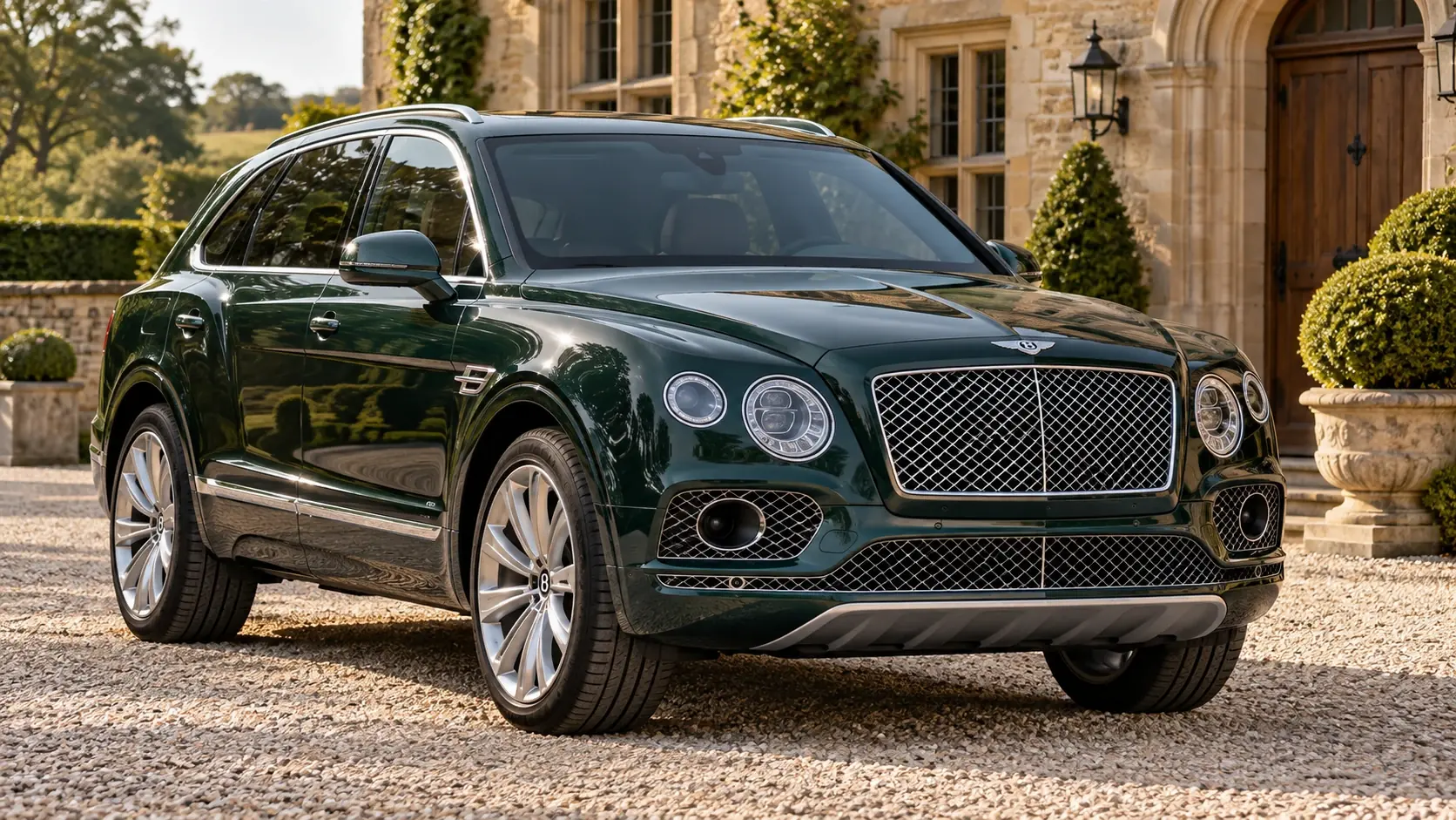 Illustration éditoriale générée par IA d'une Bentley Bentayga W12 — conversion INKAS, extérieur complet dans une composition originale de trois quarts avant