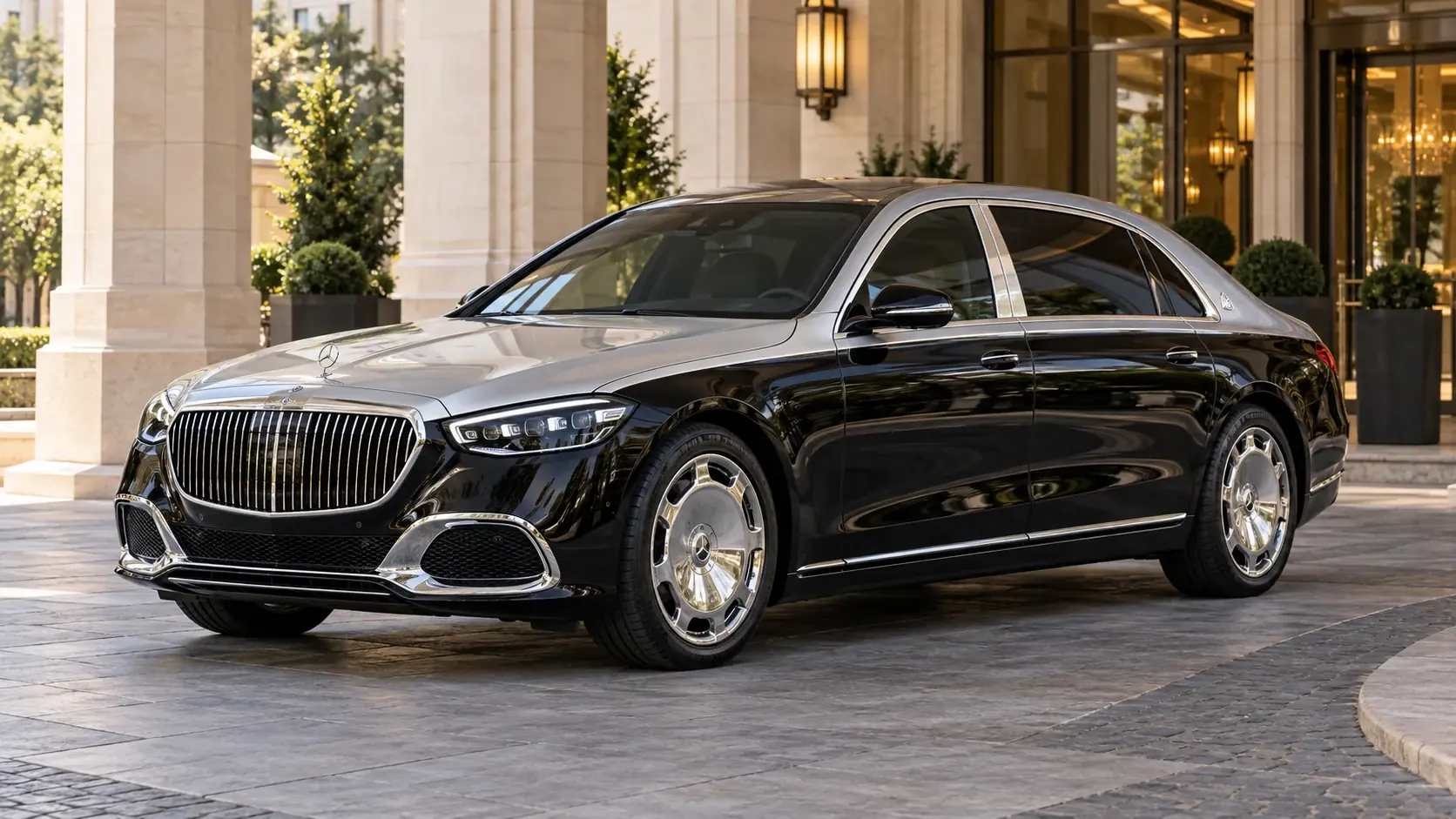 Illustration éditoriale générée par IA d'une Mercedes-Maybach S 680 — conversion INKAS, extérieur complet dans une composition originale de trois quarts avant
