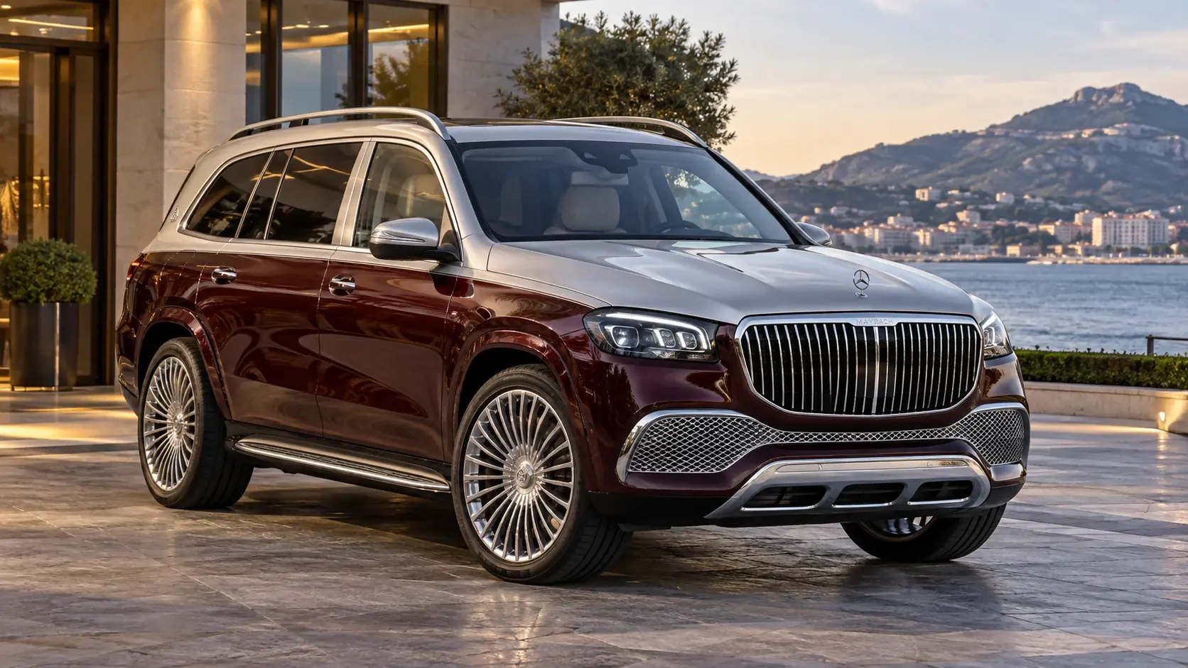 Illustration éditoriale générée par IA d'une Mercedes-Maybach GLS 600 — conversion INKAS, extérieur complet dans une composition originale de trois quarts avant