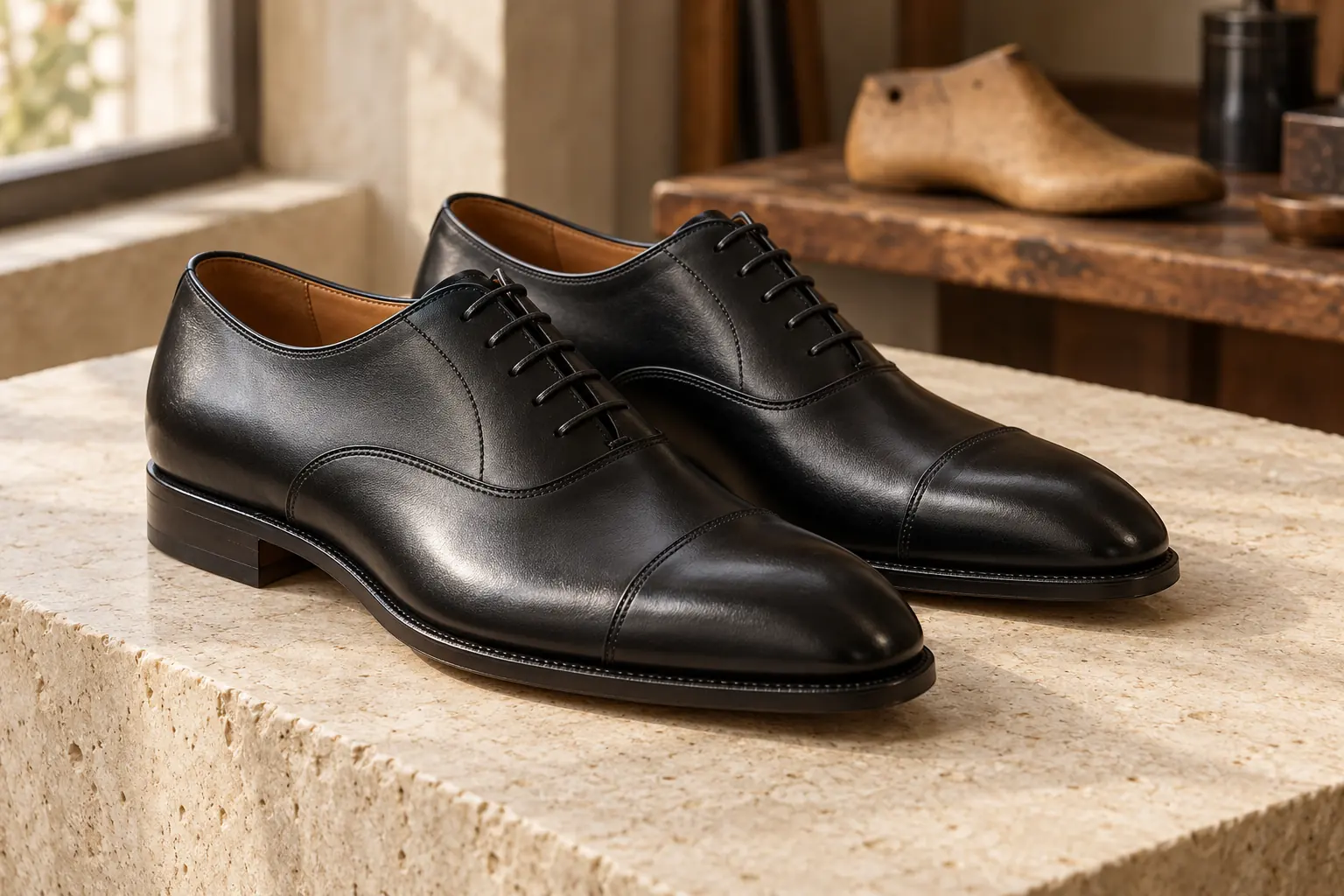 Esempio di stile generato dall'intelligenza artificiale di un paio di scarpe Oxford da uomo in pelle nera con punta rinforzata, in un atelier immaginario.
