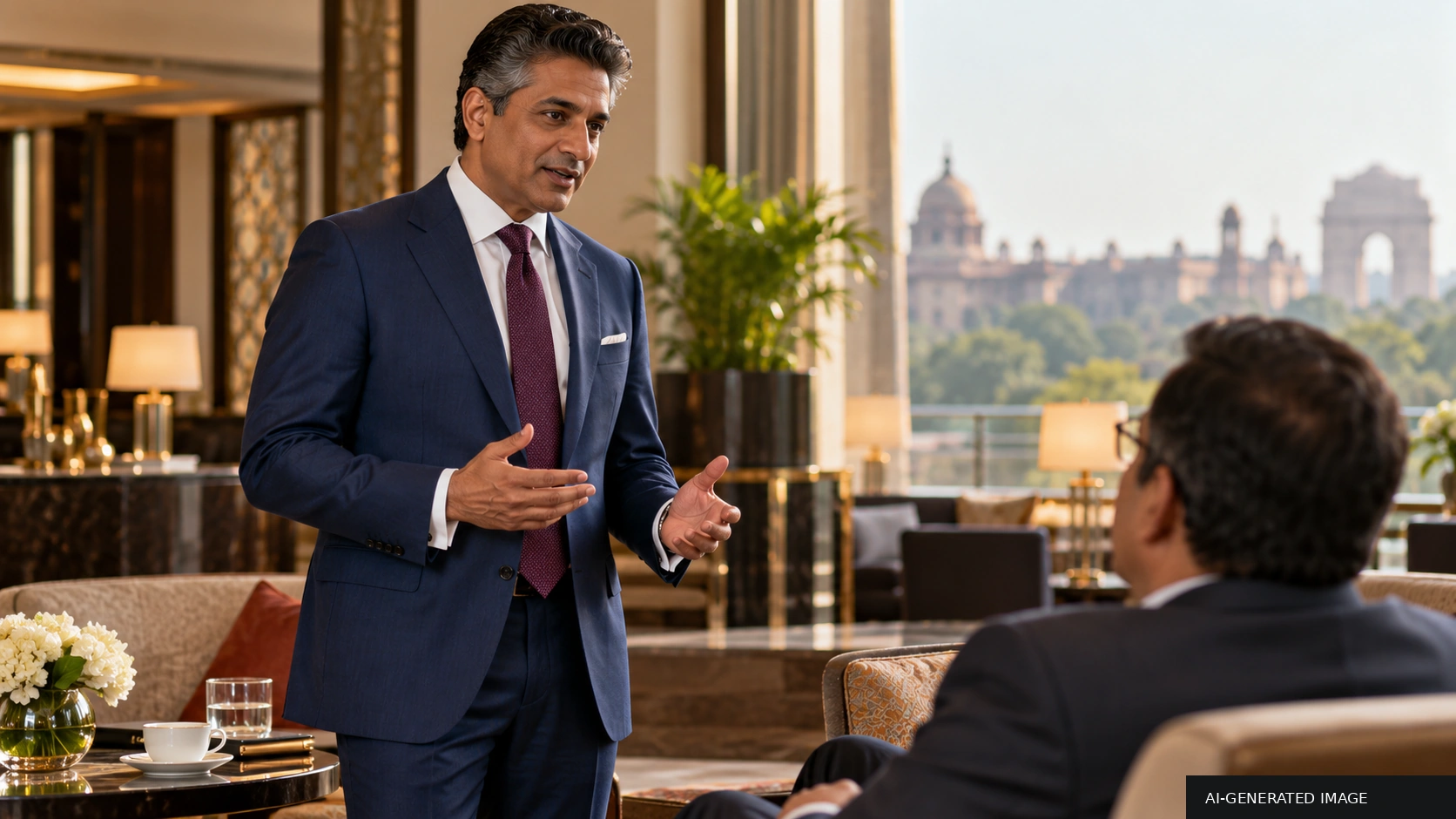 Ilustración generada por IA de un profesional del sur de Asia con un traje azul oscuro hablando de negocios en el salón de un hotel inspirado en Nueva Delhi.