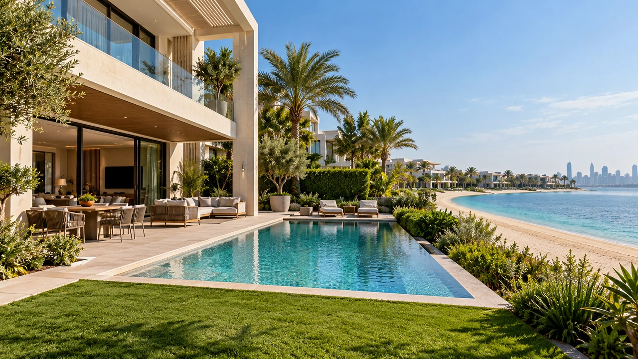 Illustration générée par IA : une villa au bord de l’eau avec piscine inspirée de Palm Jumeirah