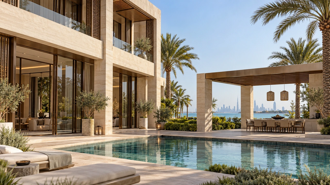 Illustration générée par IA : une demeure à cour inspirée de Jumeirah Bay