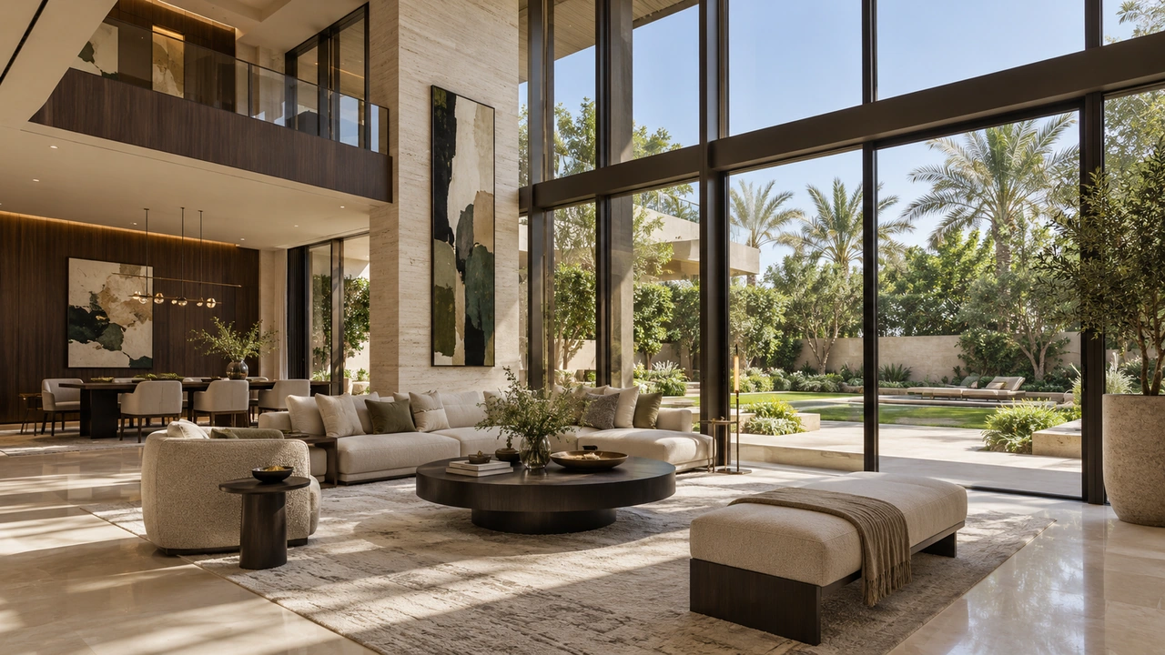 Illustration générée par IA : un salon de villa inspiré d’Emirates Hills, pas un appartement