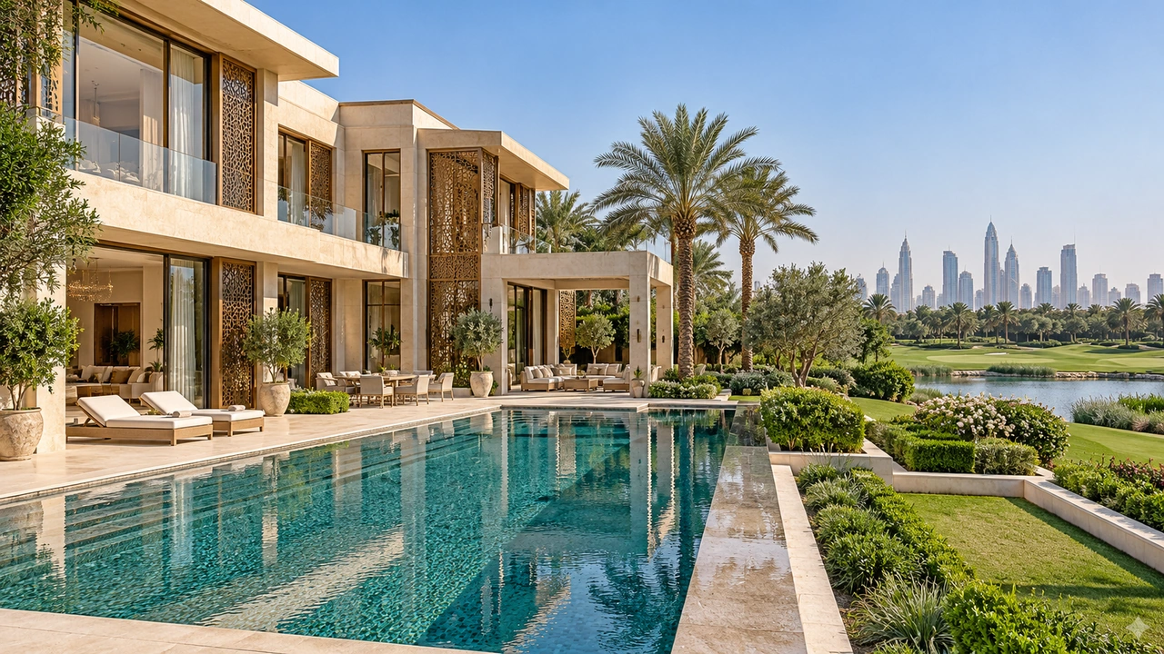 Illustration générée par IA : une demeure inspirée d’Emirates Hills près d’un paysage de golf aménagé