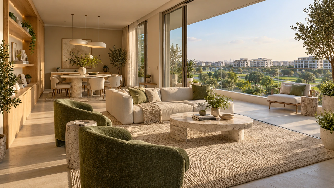 Illustration générée par IA : un appartement inspiré de Dubai Hills donnant sur un parc