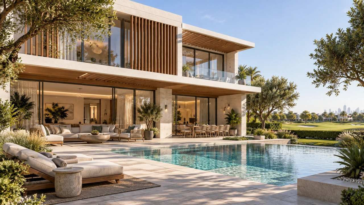 Illustration générée par IA : une villa avec jardin inspirée de Dubai Hills