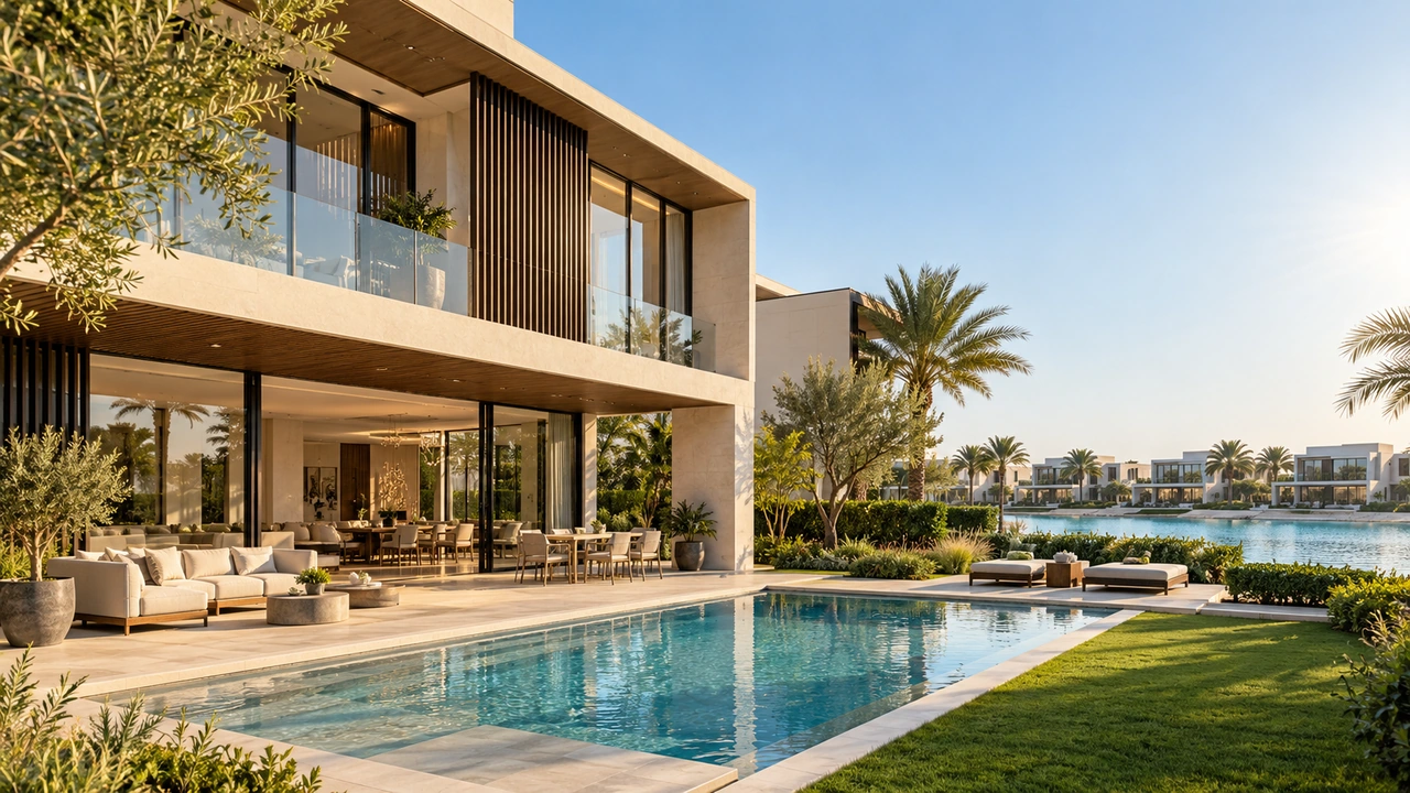 Illustration générée par IA : une villa ombragée avec piscine inspirée de District One