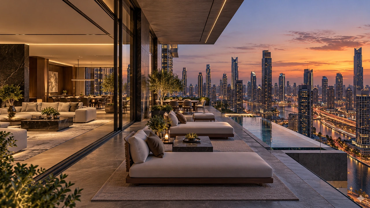 Illustration générée par IA : un penthouse inspiré de Downtown Dubai avec silhouette urbaine fictive
