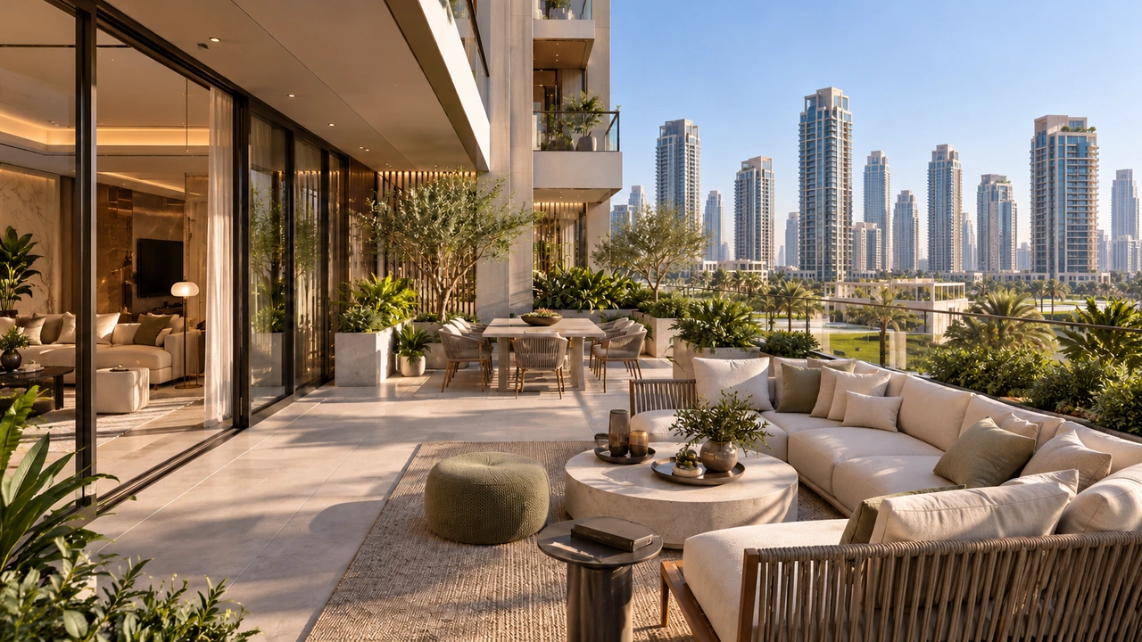 Illustration générée par IA : une terrasse d’appartement inspirée de Downtown Dubai rattachée à un grand immeuble
