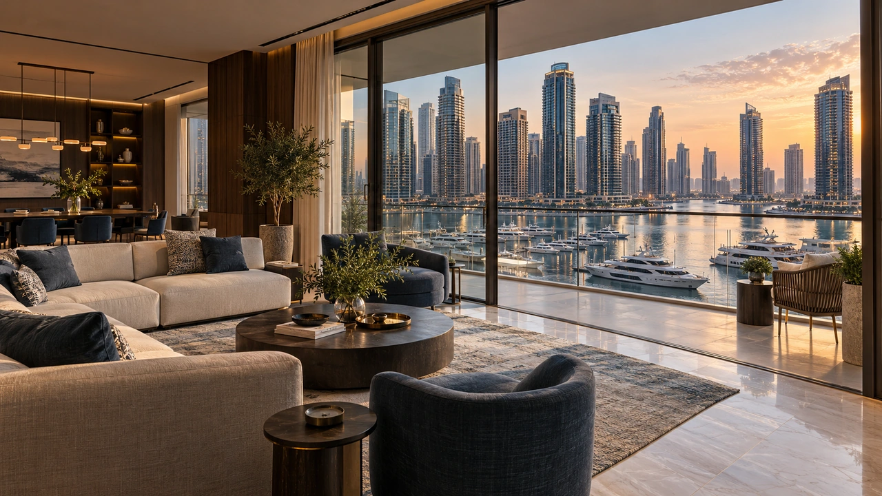 Illustration générée par IA : un appartement inspiré de Dubai Marina avec vue fictive sur une marina