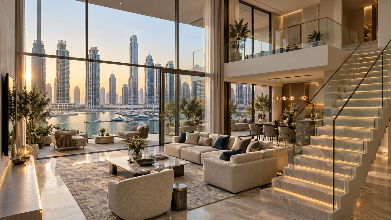Illustration générée par IA : un duplex et son escalier inspirés de Dubai Marina