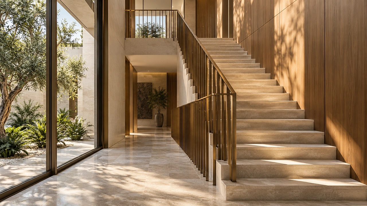 Illustration générée par IA : un escalier de villa en pierre et bois près d’une cour