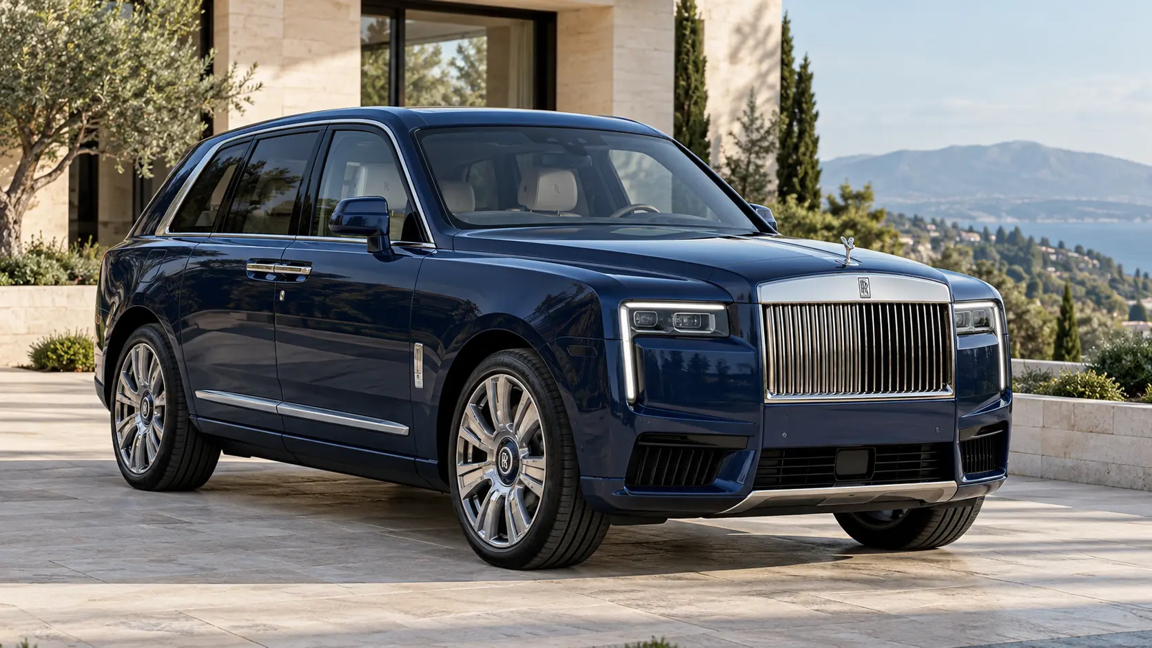 Illustrazione editoriale generata dall'intelligenza artificiale del veicolo completo Rolls-Royce Cullinan Series II, visto frontalmente a tre quarti.
