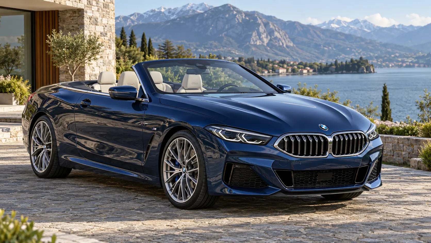 رسم توضيحي مُولّد بالذكاء الاصطناعي يُمثل BMW 8 Series Convertible مع سقف مُنخفض