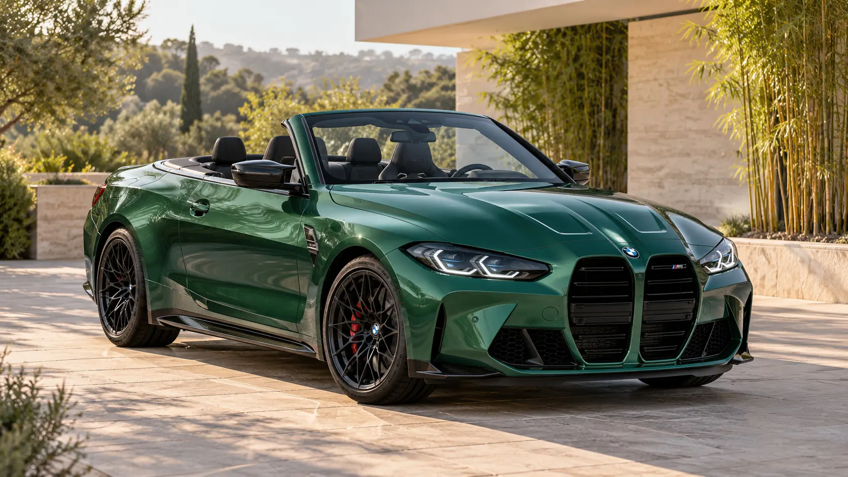 رسم توضيحي مُولّد بالذكاء الاصطناعي يُمثل BMW M4 Competition xDrive Convertible مع سقف مُنخفض