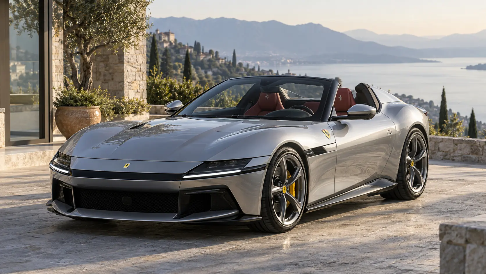رسم توضيحي مُولّد بالذكاء الاصطناعي يُمثل Ferrari 12Cilindri Spider مع سقف مُنخفض