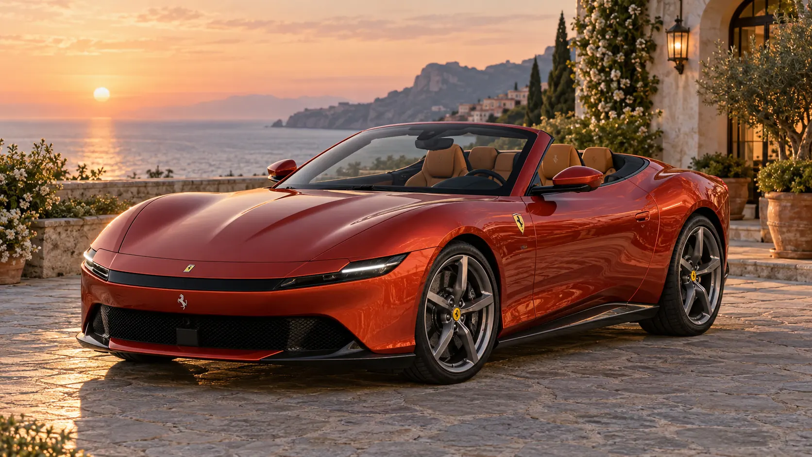 رسم توضيحي مُولّد بالذكاء الاصطناعي يُمثل Ferrari Amalfi Spider مع سقف مُنخفض