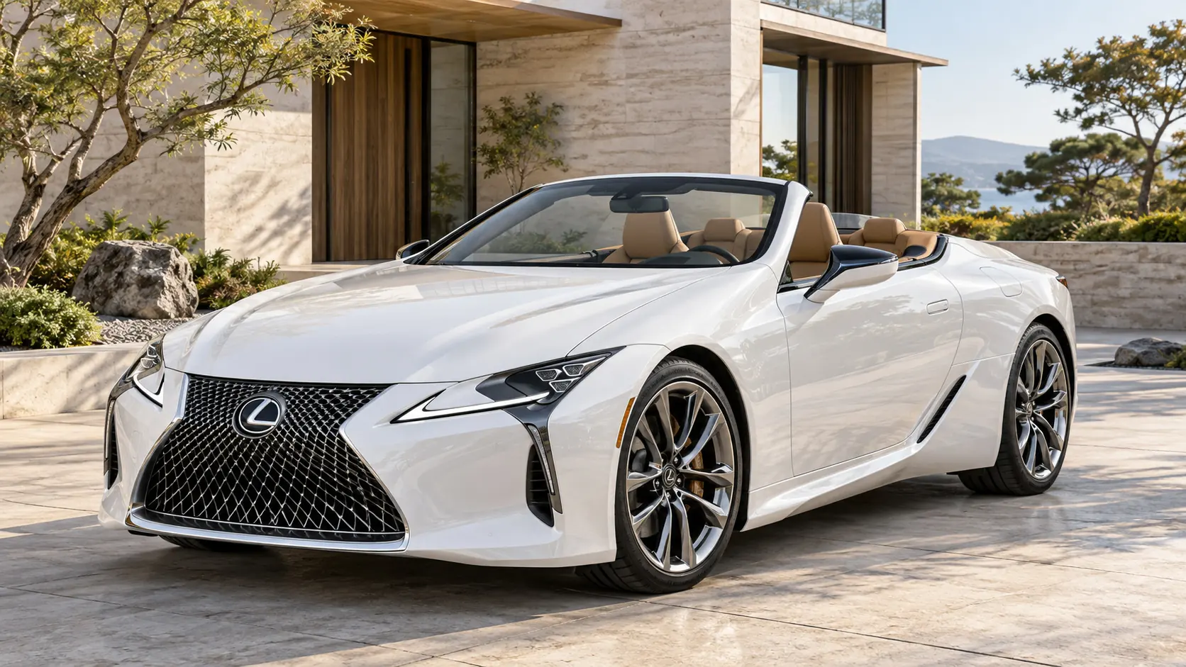 رسم توضيحي مُولّد بالذكاء الاصطناعي يُمثل Lexus LC 500 Convertible مع سقف مُنخفض
