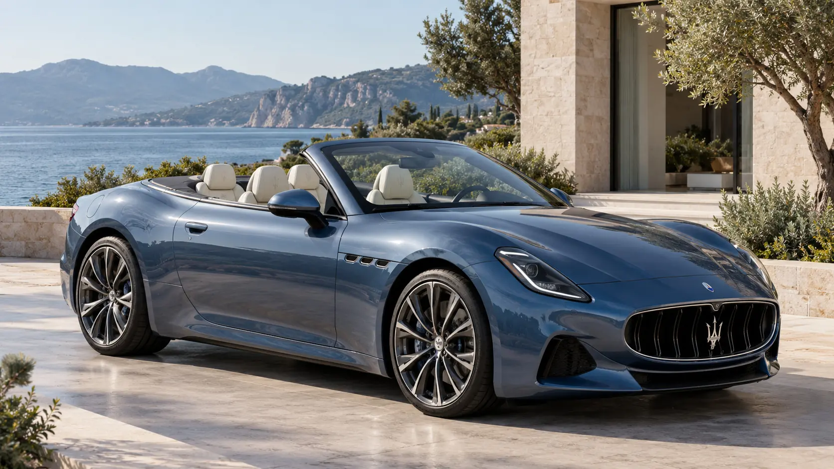 رسم توضيحي مُولّد بالذكاء الاصطناعي يُمثل Maserati GranCabrio Folgore مع سقف مُنخفض