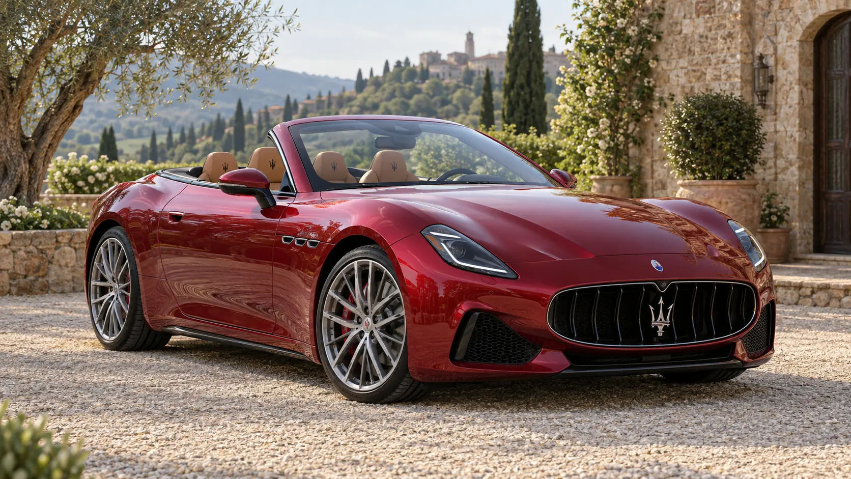 رسم توضيحي مُولّد بالذكاء الاصطناعي يُمثل Maserati GranCabrio - بنزين مع سقف مفتوح
