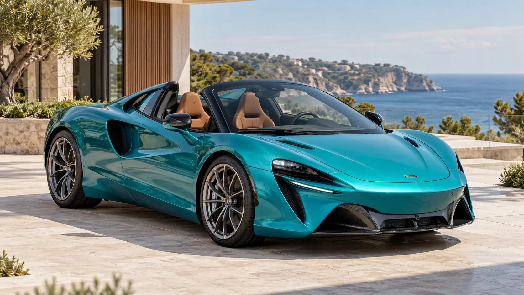 رسم توضيحي مُولّد بالذكاء الاصطناعي يُمثل McLaren Artura Spider مع سقف مُنخفض