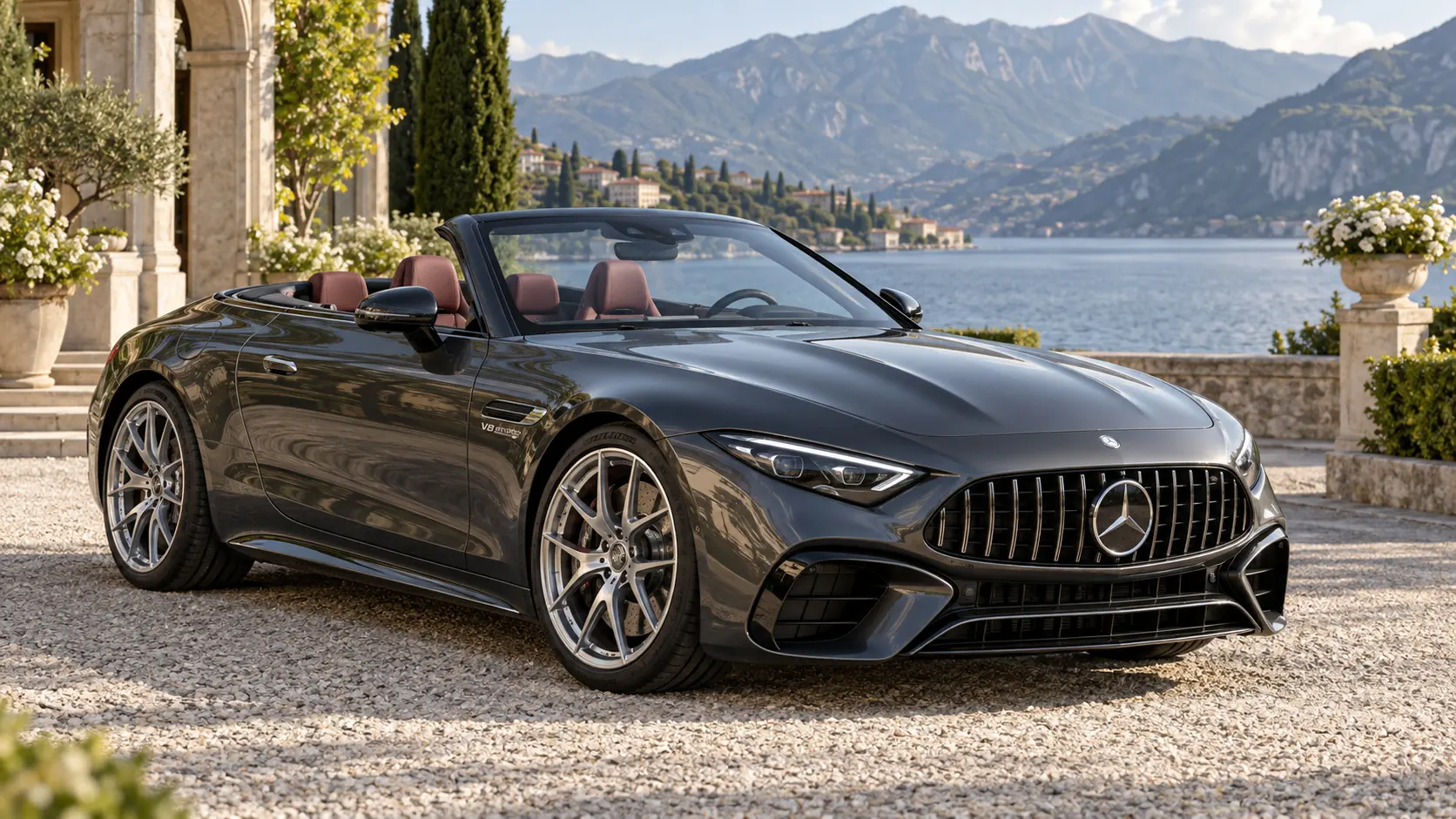 رسم توضيحي مُولّد بالذكاء الاصطناعي يُمثل Mercedes-AMG SL مع سقف مُنخفض