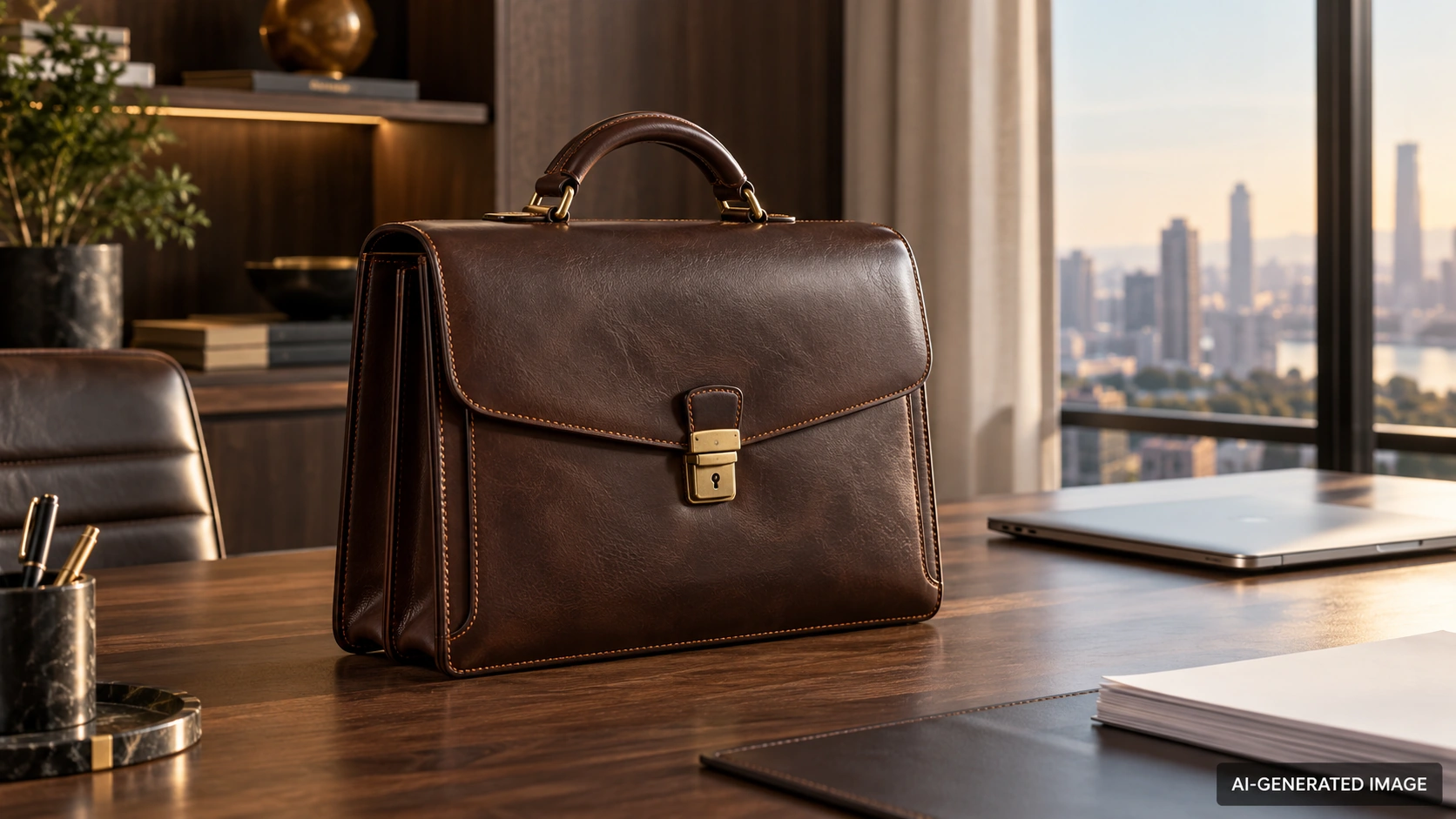 AI-generated illustration of a dark brown leather briefcase on an executive desk beside a closed laptop