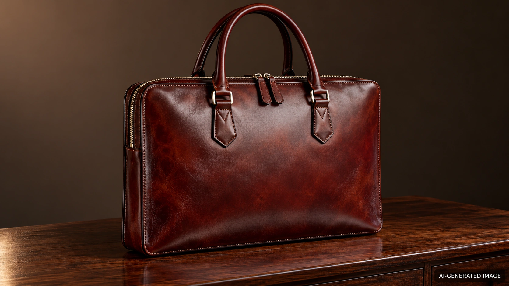 AI-generated illustration of an original brown-burgundy patinated zip briefcase on a dark wood console