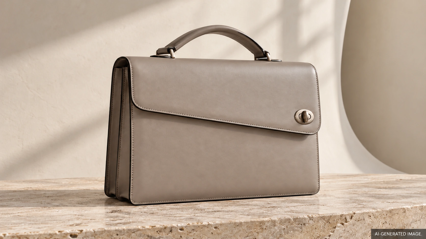 AI-generated illustration of an original warm gray minimalist flap briefcase with an offset oval clasp