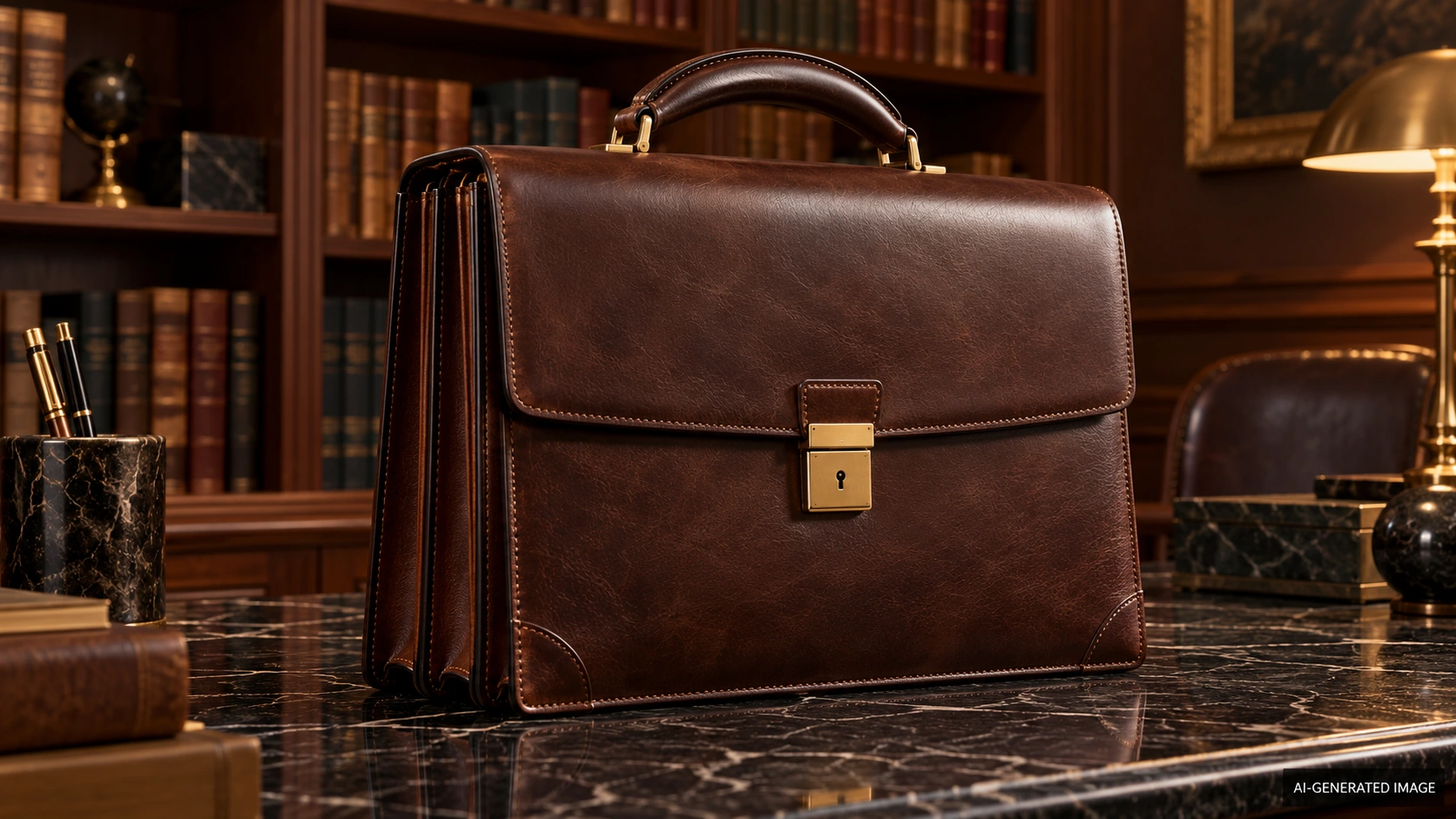 AI-generated illustration of an original traditional dark brown flap briefcase with brass-colored hardware in a study