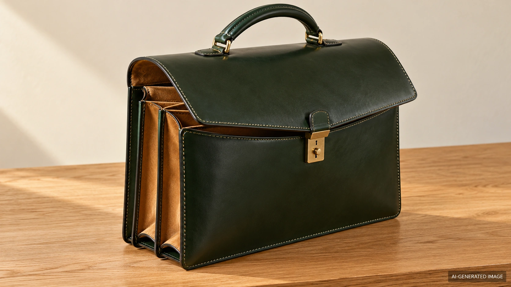 AI-generated illustration of an original dark green flap briefcase slightly opened to reveal tan compartments