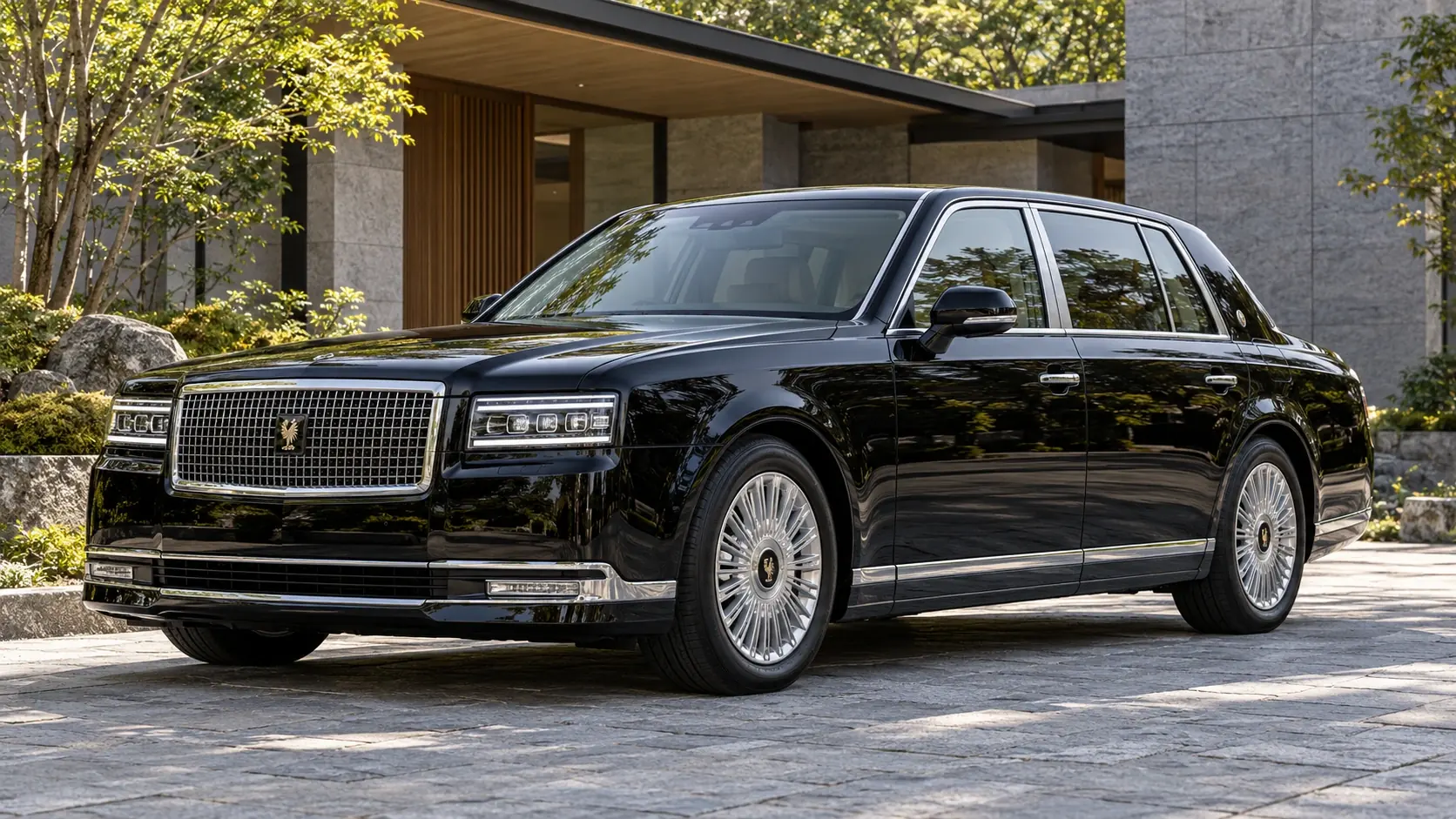 Иллюстрация модели Toyota Century sedan, созданная с помощью искусственного интеллекта, показана в ракурсе спереди под углом три четверти.
