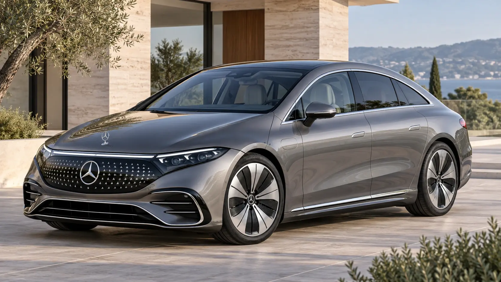 Иллюстрация модели Mercedes-Benz EQS Sedan, созданная с помощью искусственного интеллекта, показана в ракурсе спереди под углом три четверти.