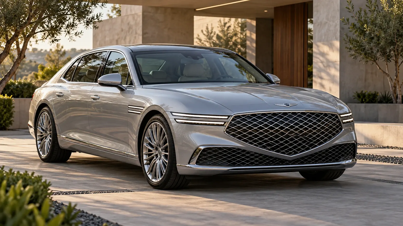 Иллюстрация Genesis G90, созданная с помощью искусственного интеллекта, показана в ракурсе спереди под углом три четверти.