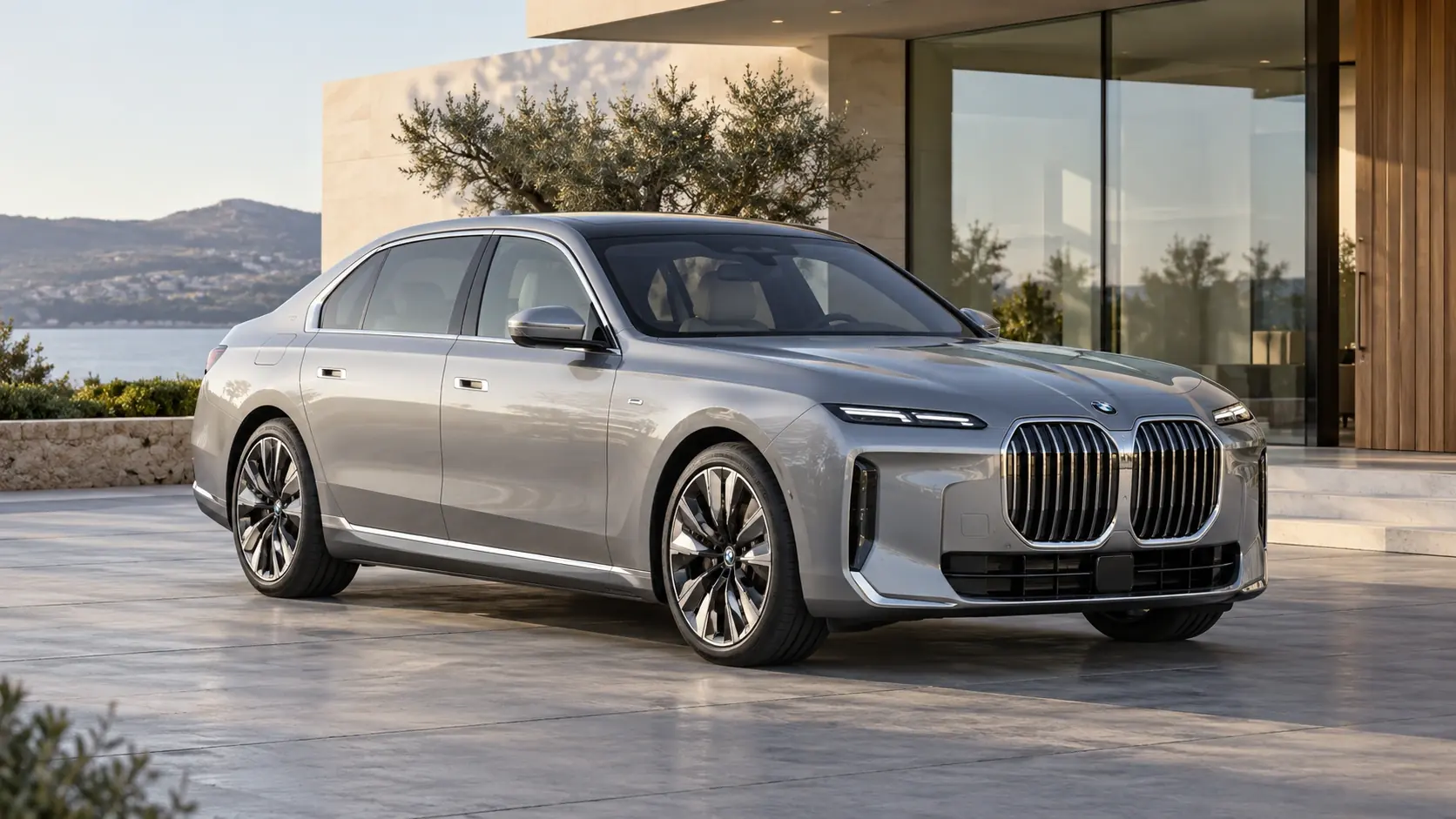 Иллюстрация BMW i7, созданная с помощью искусственного интеллекта, показана в ракурсе спереди под углом три четверти.