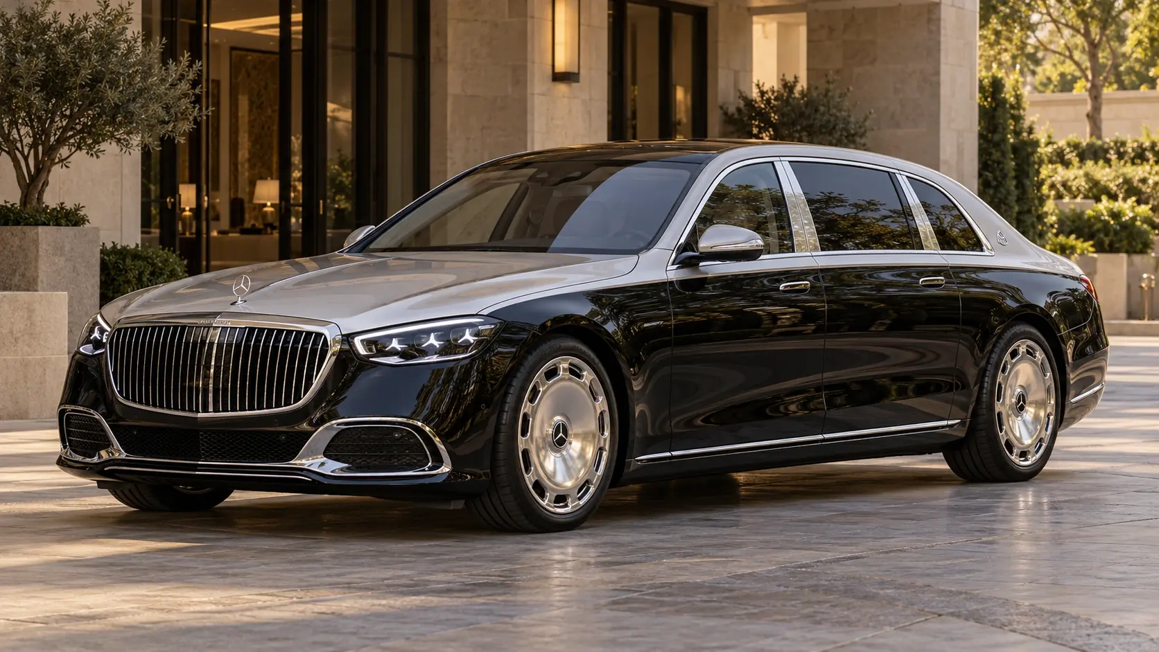 Иллюстрация Mercedes-Maybach S-Class, созданная с помощью искусственного интеллекта, показана в ракурсе спереди под углом три четверти.