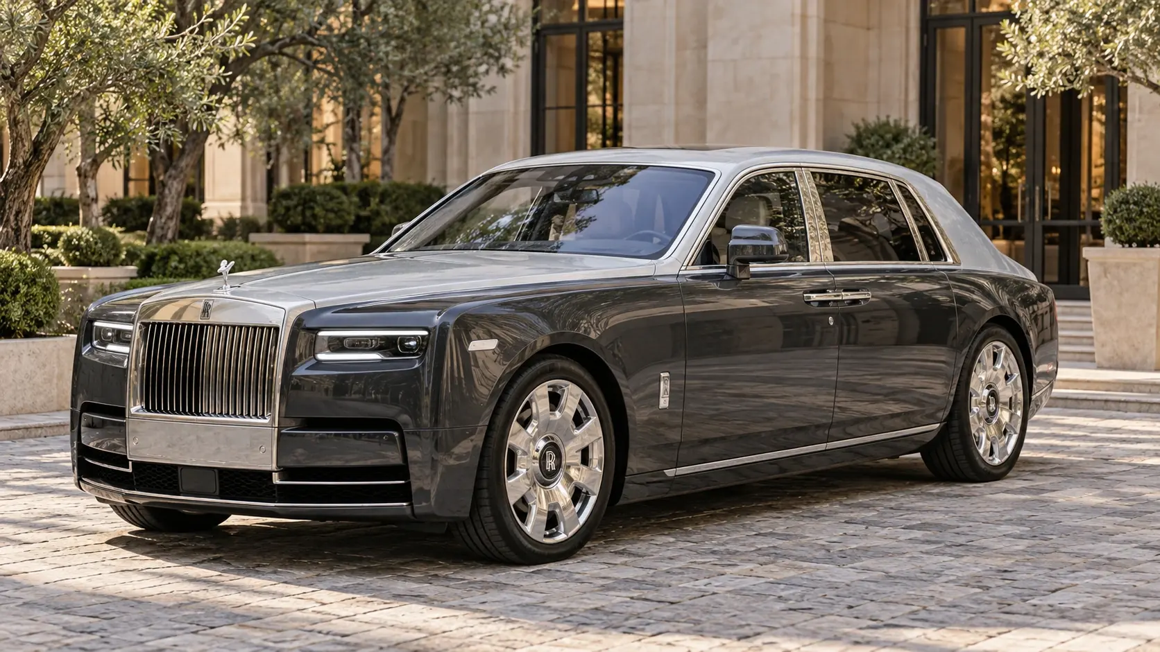 Иллюстрация Rolls-Royce Phantom, созданная с помощью искусственного интеллекта, показана в ракурсе спереди под углом три четверти.