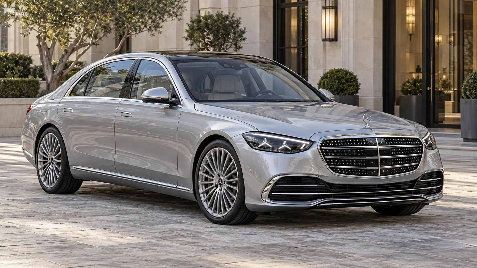 Иллюстрация Mercedes-Benz S-Class, созданная с помощью искусственного интеллекта, показана в ракурсе спереди под углом три четверти.