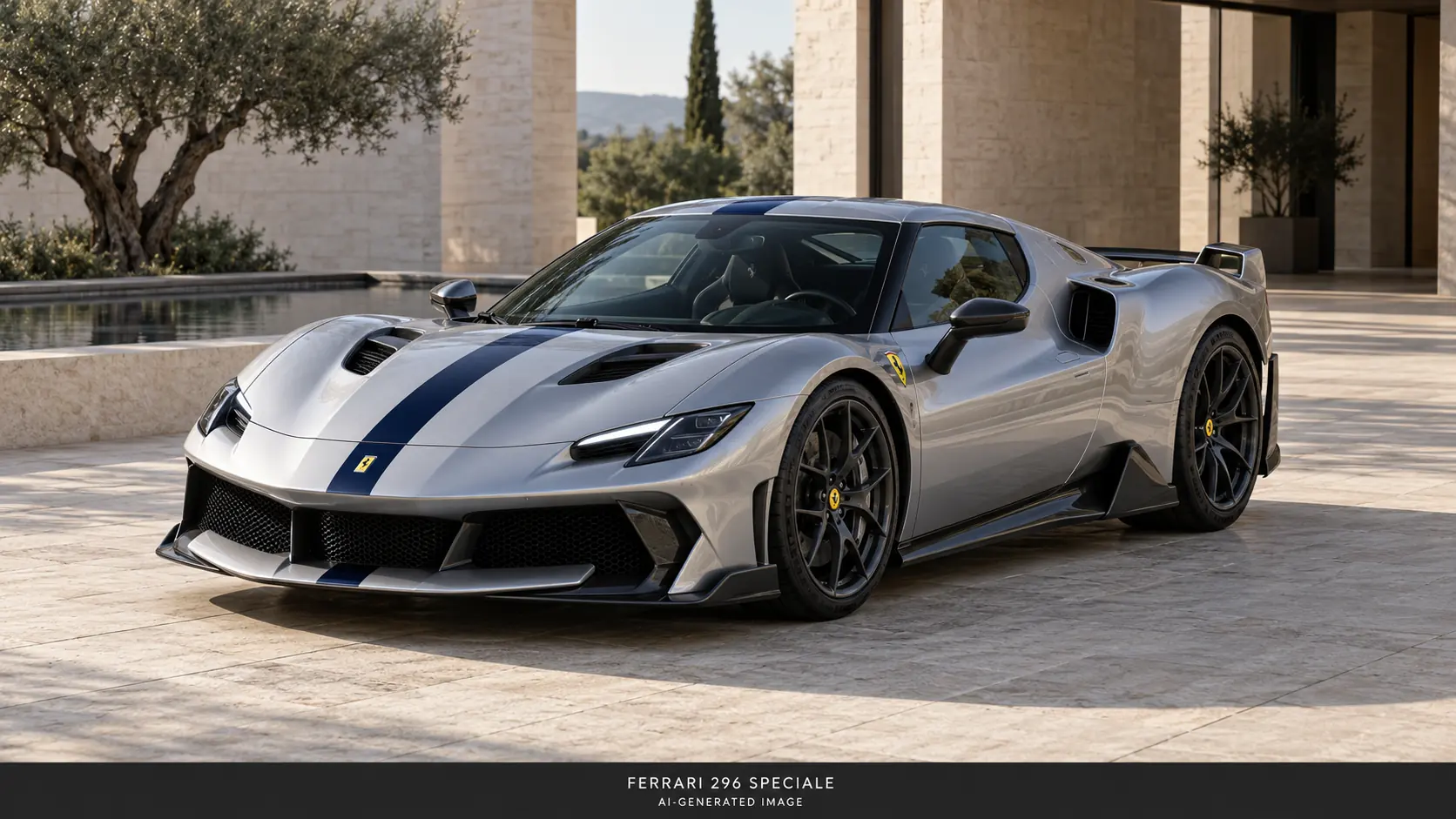 AI-generated illustration of the Ferrari 296 Speciale in silver with dark central stripe, front three-quarter view
