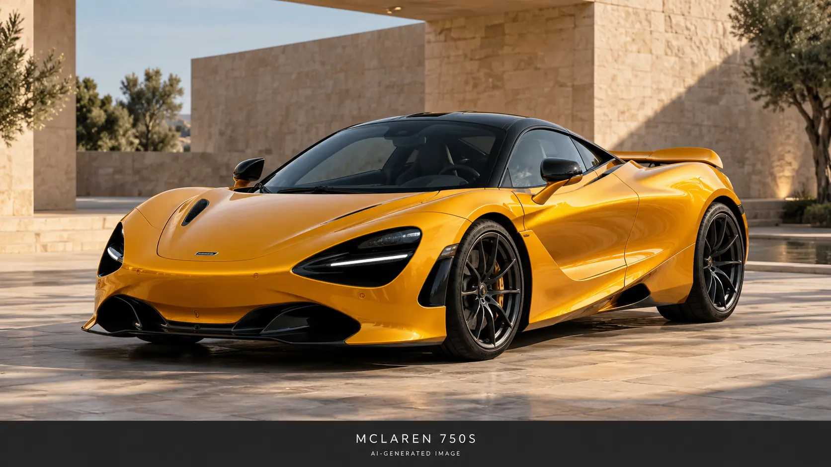 AI-generated illustration of the McLaren 750S in yellow-orange, front three-quarter view