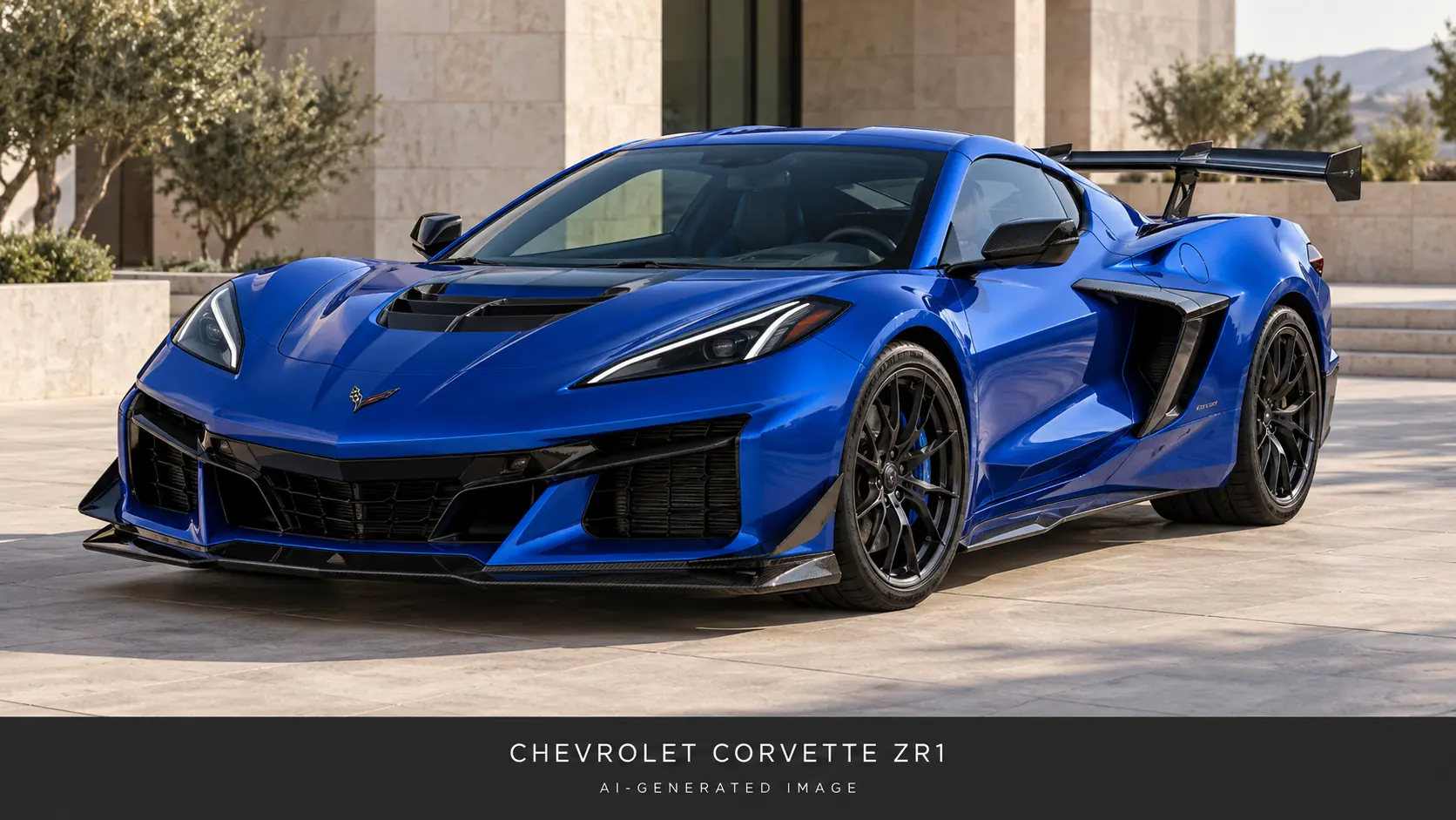 AI-generated illustration of the Chevrolet Corvette ZR1 in metallic blue, front three-quarter view