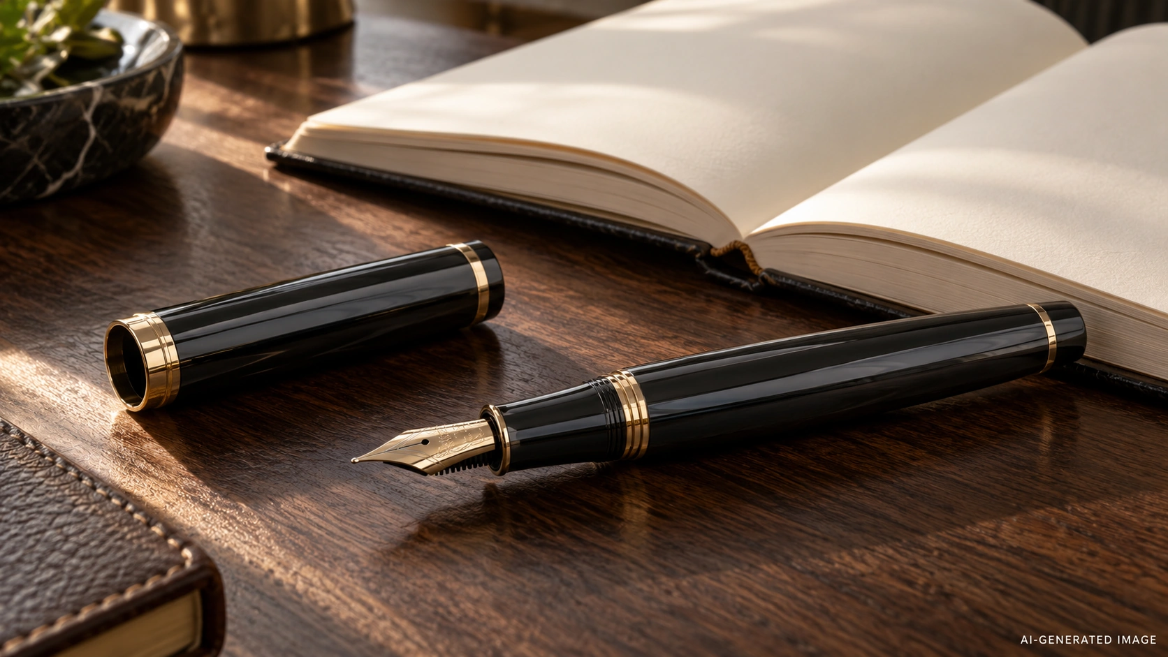 AI-generated illustration: a fictional black fountain pen and detached cap beside an ivory notebook on a dark writing desk