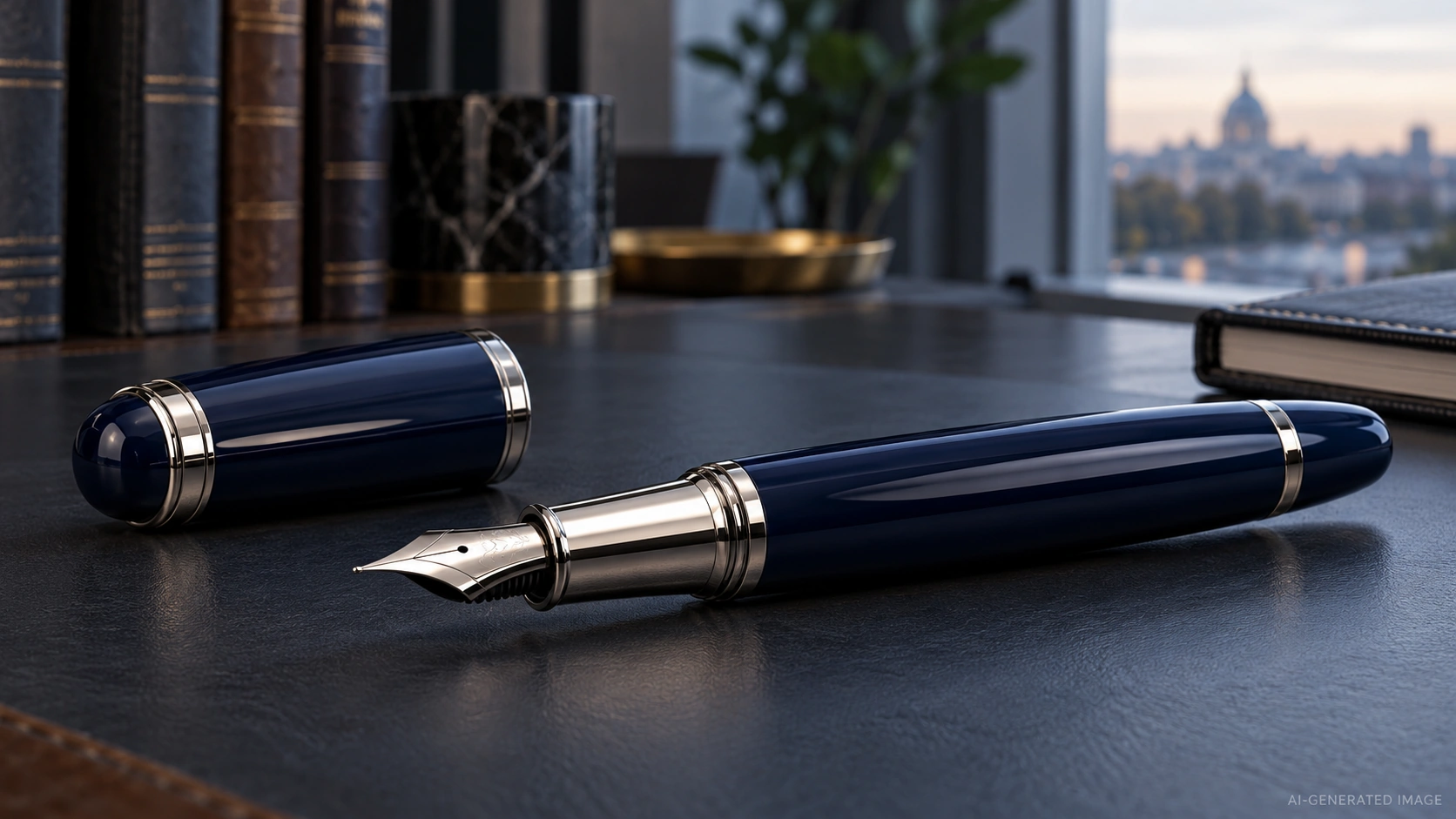 Ilustração gerada por IA: caneta-tinteiro em laca azul-marinho com seção polida em tom prateado em um elegante estojo de estudo.
